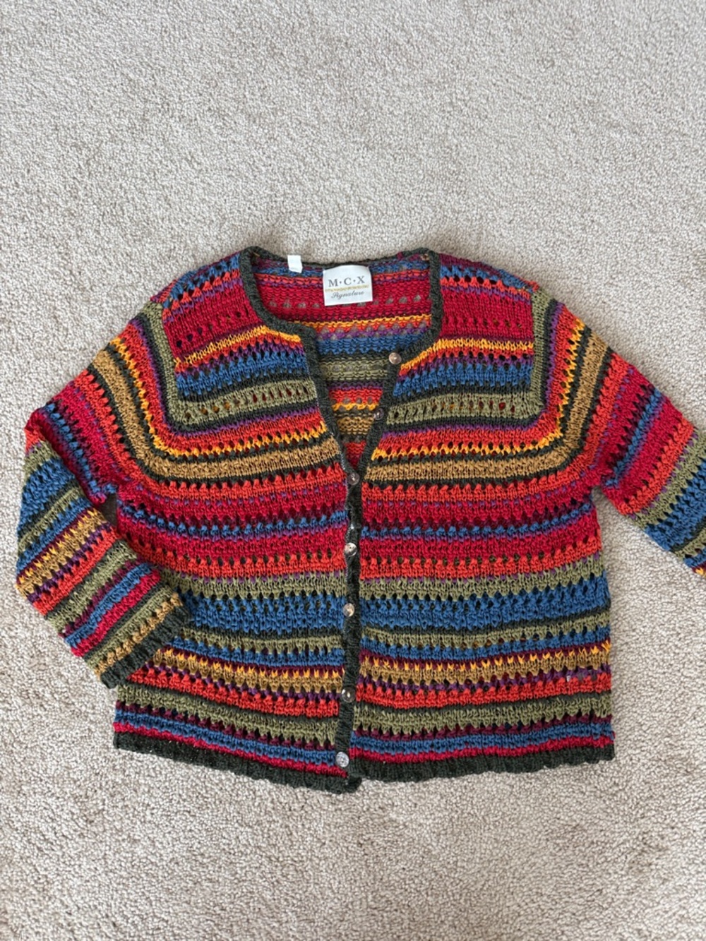 Vintage Open Knit Rainbow 3/4 Sleeve Cardigan Sweater